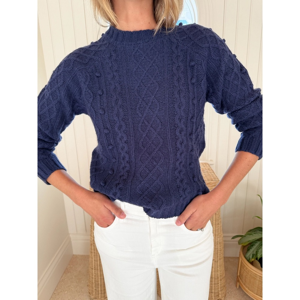 Marea by Liz Joy The Billy Sweater Navy Blue Wool Cashmere Cable Knit Bobble